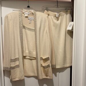 Vintage St. John Evening Ivory Cardigan and Skirt Set with Metallic Details